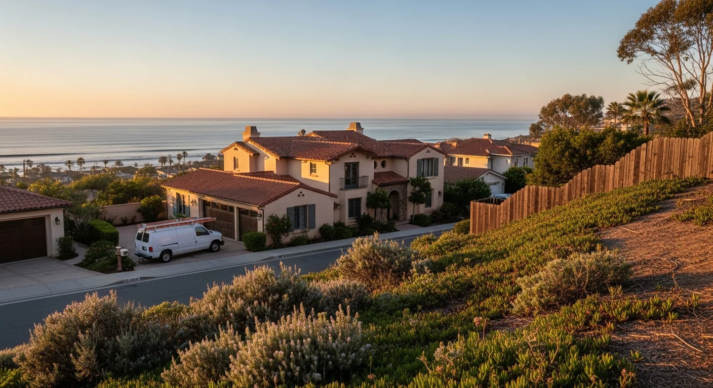 Carlsbad coastal home with ocean views and a well-maintained front yard on a sloped lot.