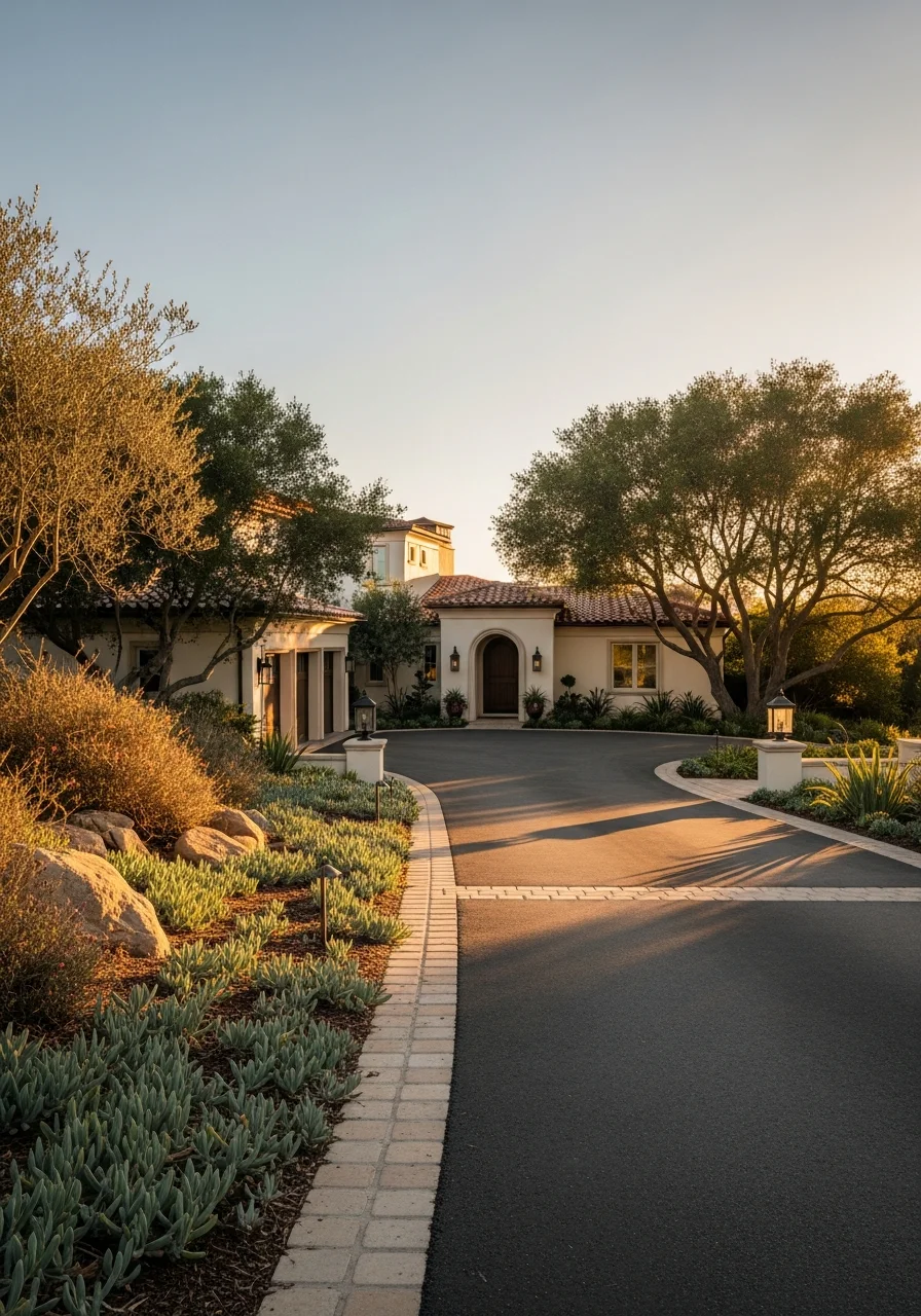 Luxury Del Mar home entrance with coastal-style landscaping and a stable, well-graded driveway.