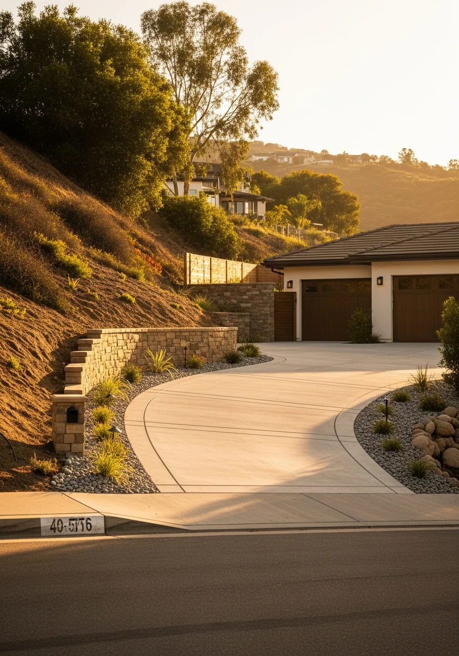 Encinitas hillside property showing a well-maintained driveway entrance and erosion control measures.