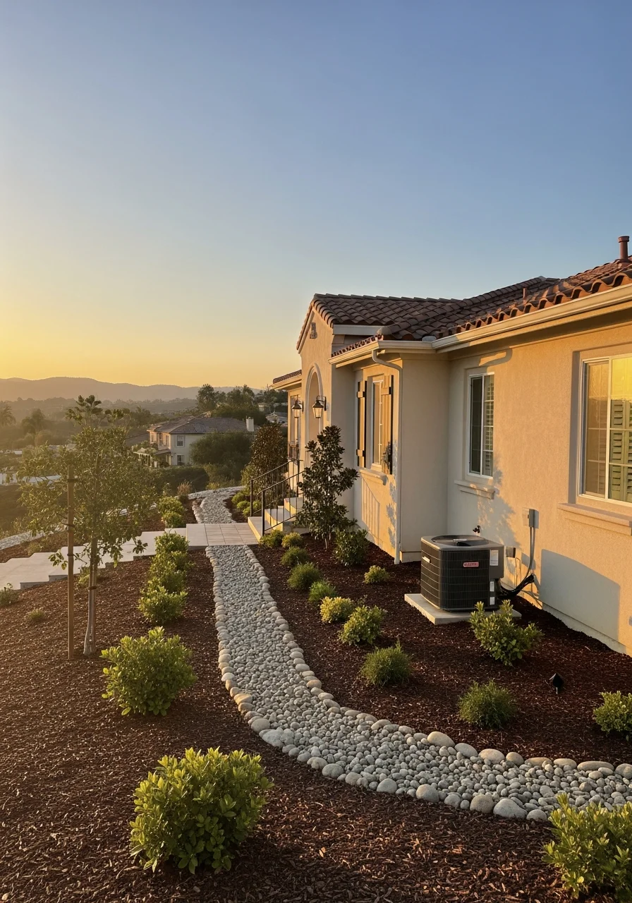 Escondido residential home with a well-maintained front yard and professional grading on varied topography.