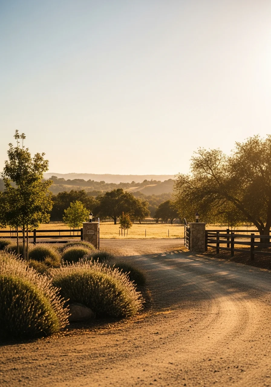 Close-up of a rural Fallbrook driveway entrance with native landscaping and open acreage visible.