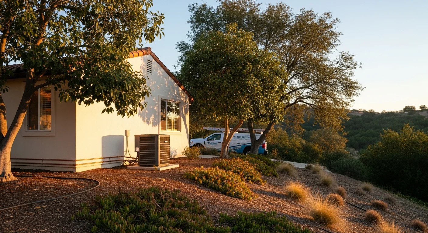 Hillside property in Fallbrook with mature avocado trees and a residential home set back from the road.