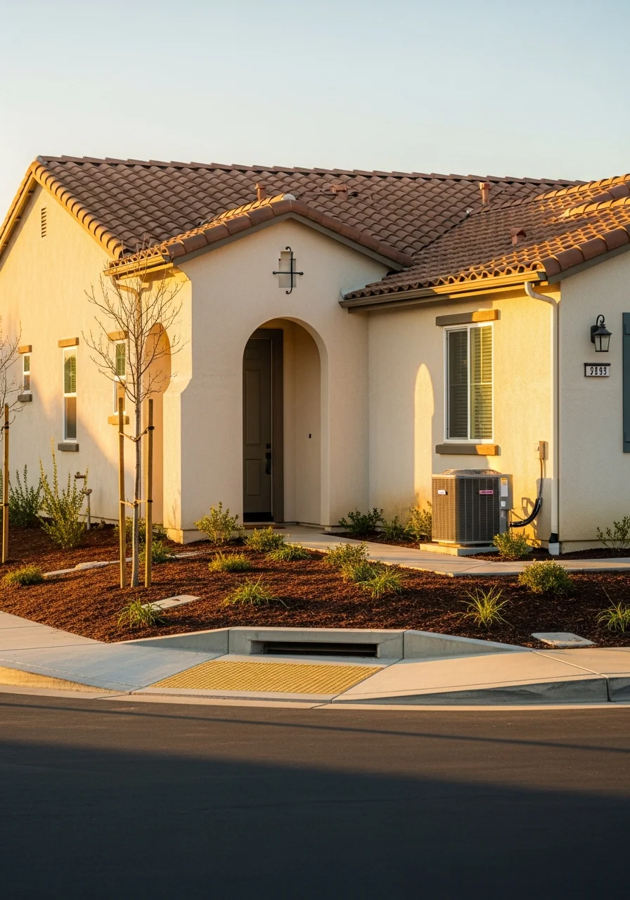 San Marcos home entrance showing professional grading and drainage work on varied topography.