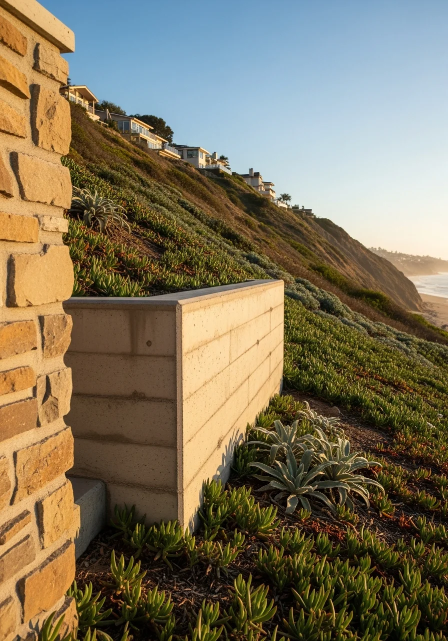 Bluff-top Solana Beach property showing a retaining wall and terraced landscaping on a steep coastal slope.