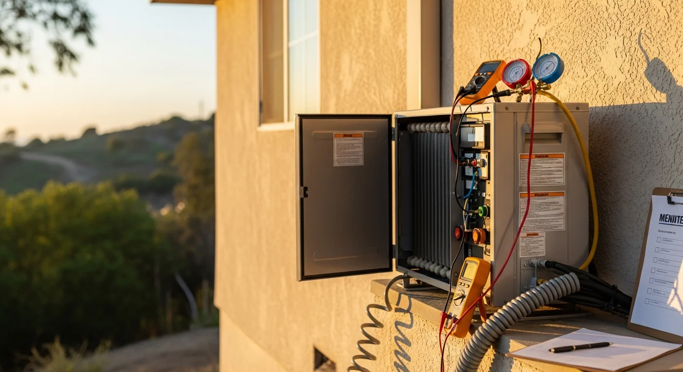 A Coastal Refrigeration Heating & Air, Inc technician inspecting an outdoor AC condenser unit at a ranch-style home in Fallbrook, CA. The technician checks internal components during a routine maintenance visit on a clear, sunny North San Diego County afternoon.