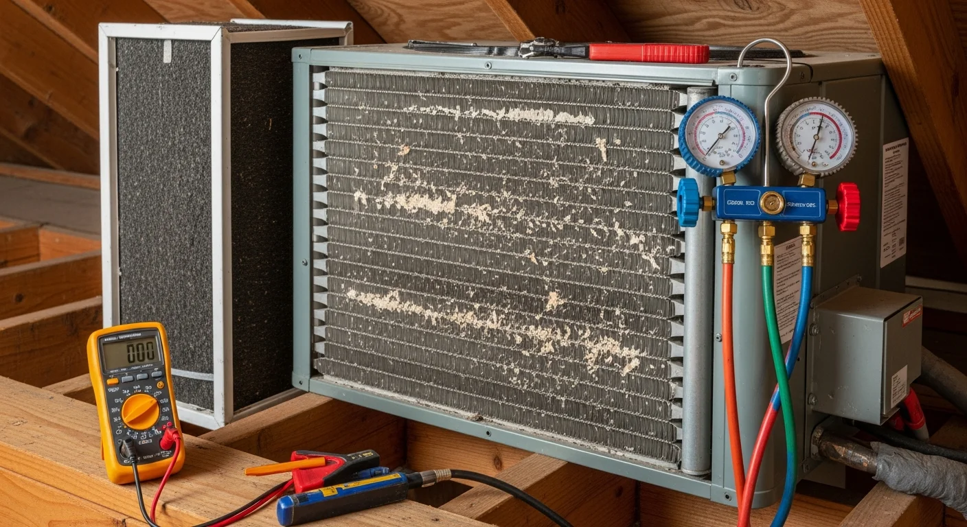 A Coastal Refrigeration Heating & Air, Inc technician inspecting an outdoor AC condenser unit at a residential property in Fallbrook, CA. The unit sits in a dry, sun-exposed yard typical of inland North San Diego County homes.