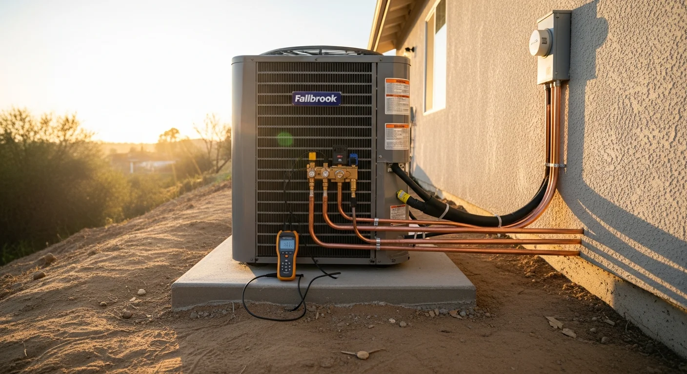 A newly installed central air conditioning outdoor condenser unit beside a single-family home in Fallbrook, CA, with dry inland hills visible in the background. A technician in a work uniform checks the unit connections during a post-installation inspection.