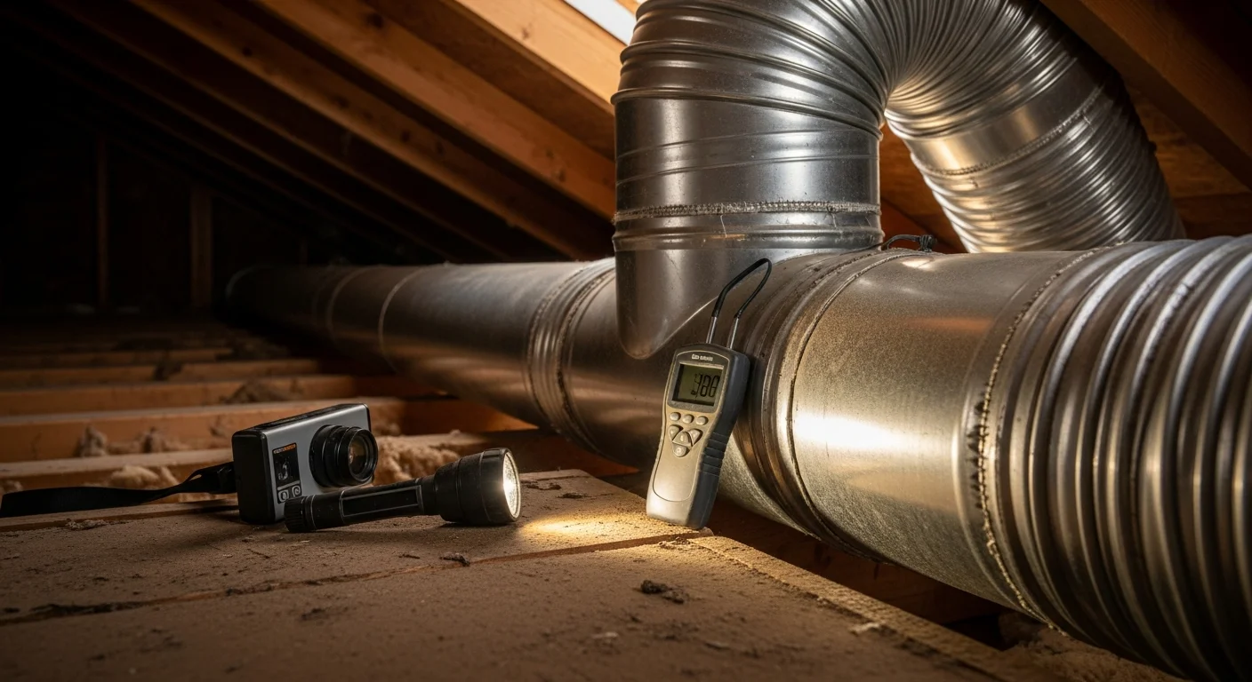 A technician from Coastal Refrigeration Heating & Air, Inc inspecting exposed ductwork in the attic of a Fallbrook, CA home. The image shows the technician checking duct joints and insulation with a flashlight during a professional ductwork inspection.