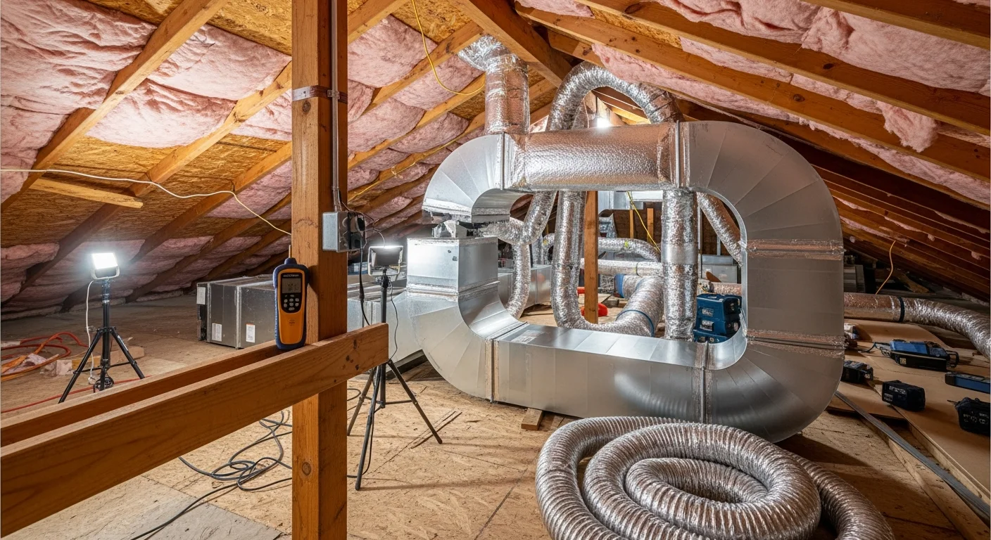 A Coastal Refrigeration Heating & Air technician installing insulated duct branches in the attic of a ranch-style home in Fallbrook, CA. Sealed duct connections and a main trunk line are visible running toward multiple supply registers.