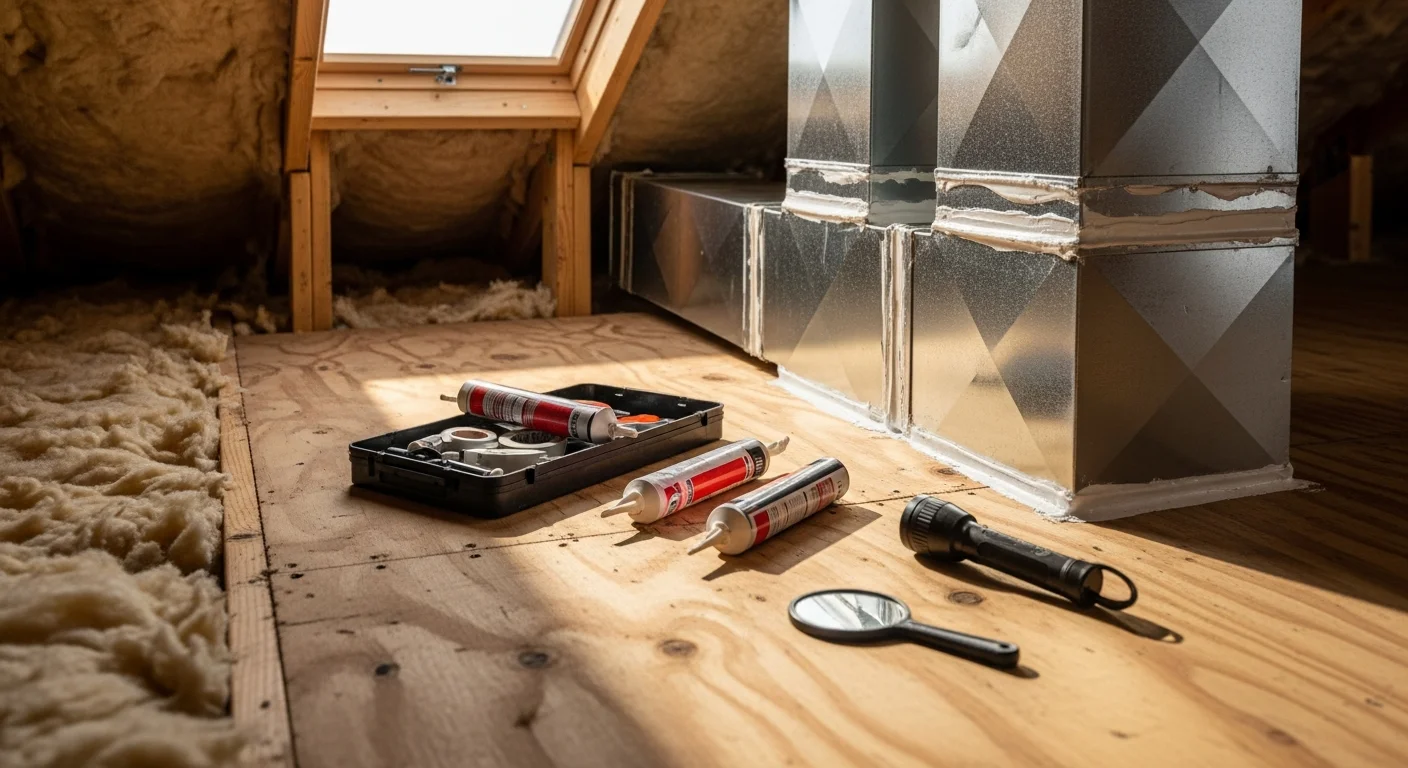 A technician sealing a disconnected duct joint in the attic of a Fallbrook, CA ranch-style home. Flexible ductwork runs are visible against the attic framing, with repair materials in use at the connection point.