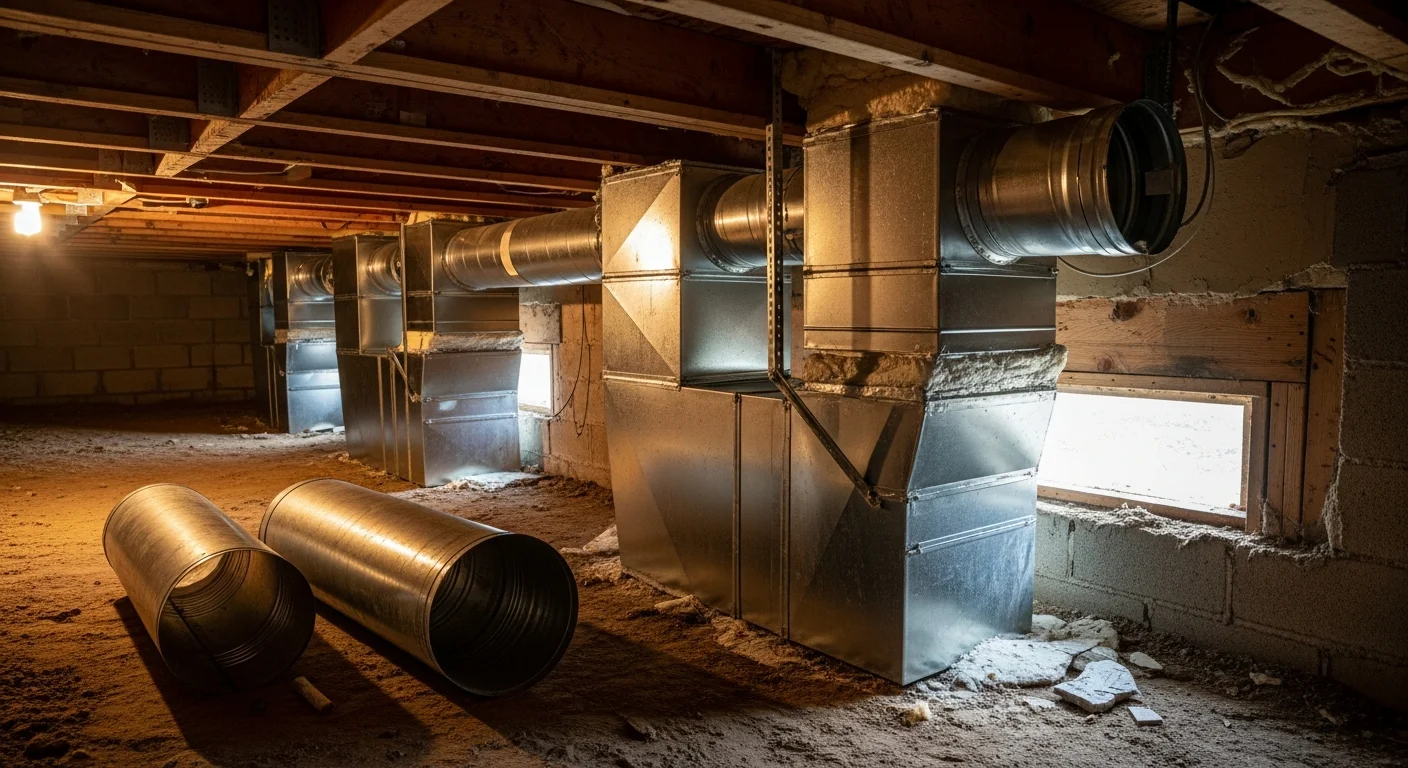 A Coastal Refrigeration Heating & Air technician inspecting newly installed residential ductwork in the attic of a Fallbrook, CA home. Clean, insulated duct sections are visible, properly connected and sealed at each joint.