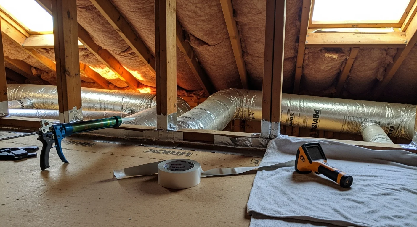 A technician from Coastal Refrigeration Heating & Air, Inc sealing duct joints in the attic of a single-story home in Fallbrook, CA. The image shows exposed ductwork being inspected and sealed to prevent conditioned air loss.