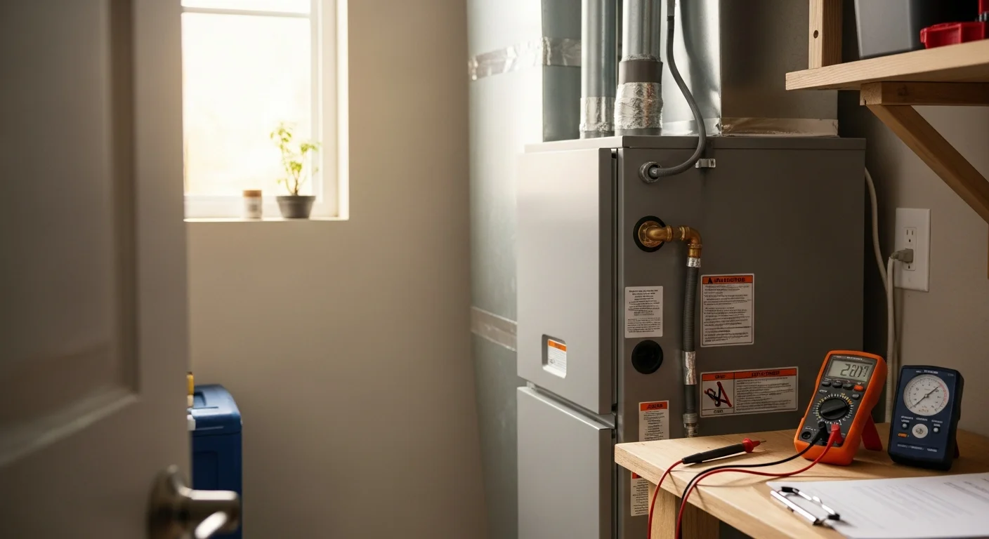 A new furnace installed in a utility closet inside a ranch-style home in Fallbrook, CA, with connected ductwork and a clean surrounding work area. A technician from Coastal Refrigeration Heating & Air, Inc checks airflow settings on the newly replaced unit.