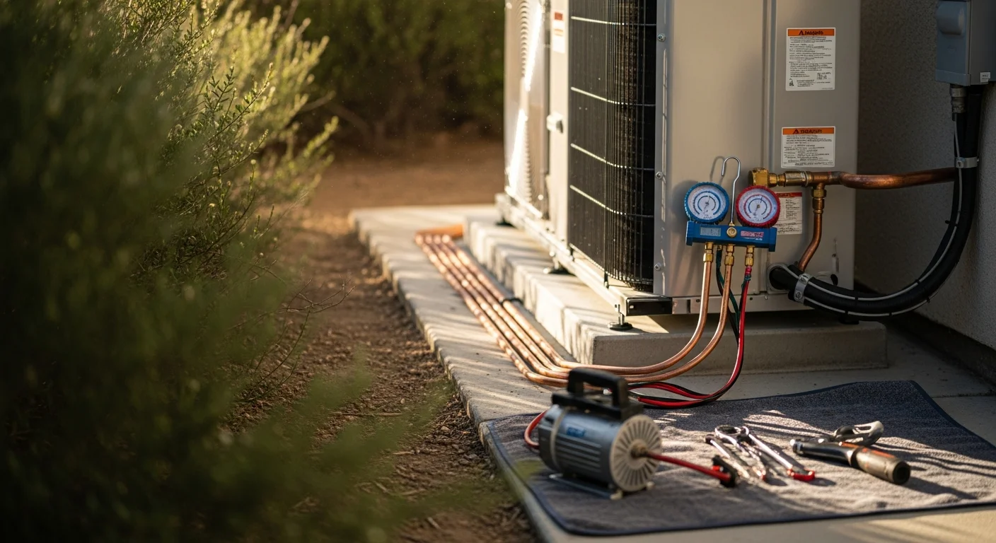 A newly installed heat pump outdoor unit positioned beside a single-family home in Fallbrook, CA, with dry hillside terrain visible in the background. A technician from Coastal Refrigeration Heating & Air, Inc checks the system connections after completing the replacement.
