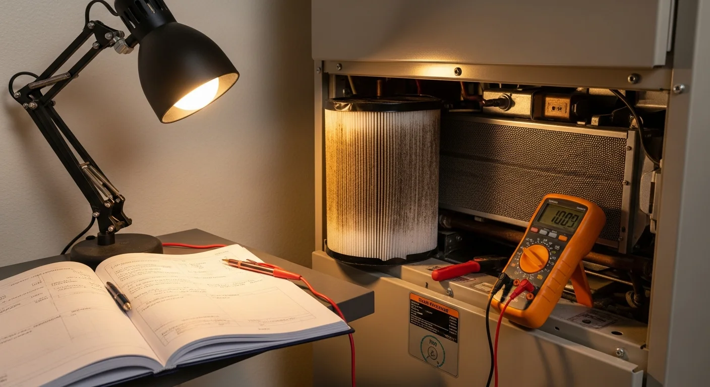 A Coastal Refrigeration Heating & Air, Inc technician inspecting a furnace inside a single-family home in Fallbrook, CA. The technician checks internal components with a diagnostic tool during a heating repair service call.