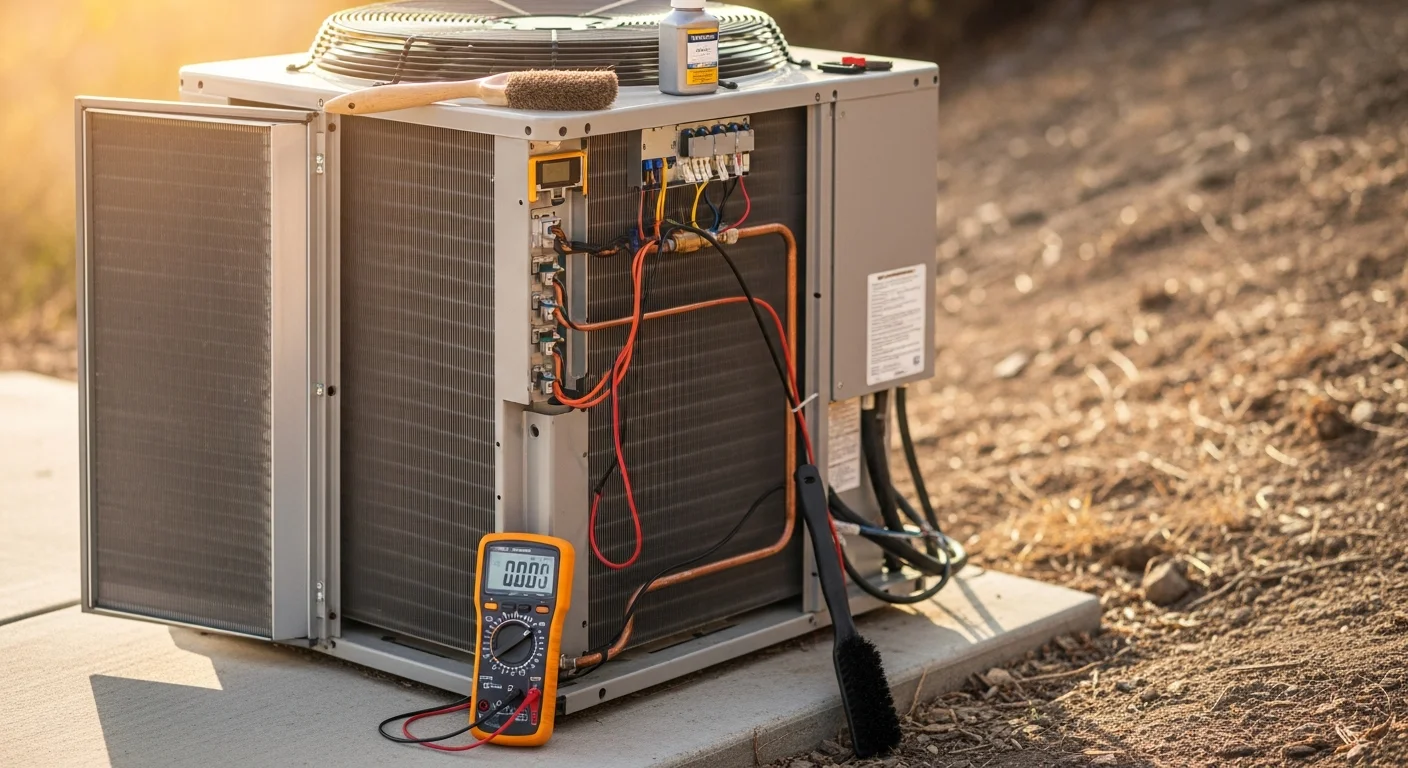 A Coastal Refrigeration Heating & Air technician inspecting the condenser coils of a residential HVAC unit during a system tune-up at a Fallbrook, CA home. The outdoor unit sits beside a stucco exterior with dry hillside terrain visible in the background.